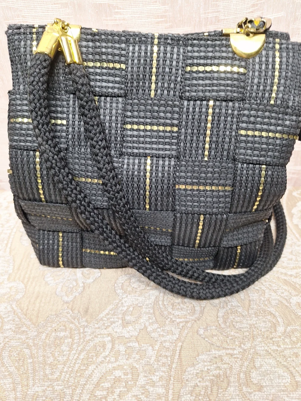 Woven Black Shoulder Bag with Gold Trim